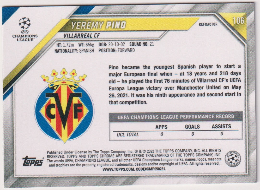 Topps Chrome 2022-23 Yeremy Pino Villarreal CF Parallel Rare 106 – Bild 2