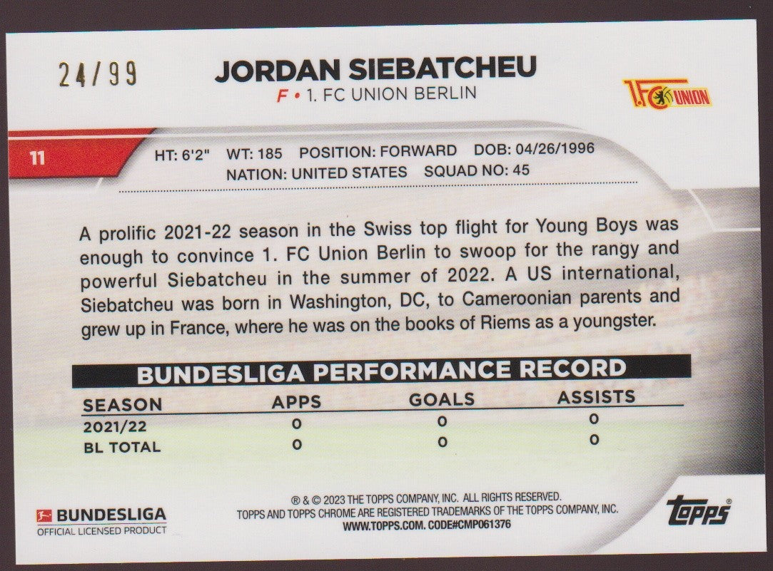 Topps Chrome 2021-22 Jordan Siebatcheu 1. FC Union Berlin Parallel 24/99 – Bild 2