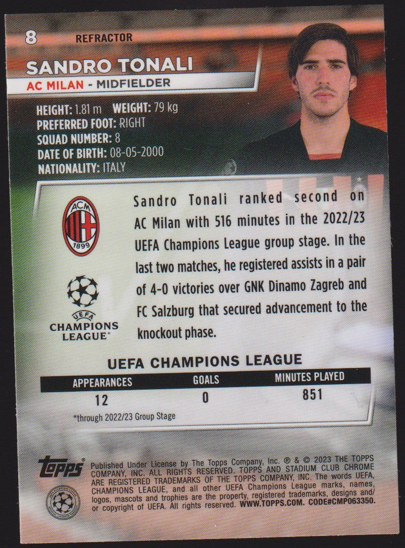 Topps Stadium Club Chrome 2022-23 Sandro Tonali AC Milan Parallel Refractor – Bild 2