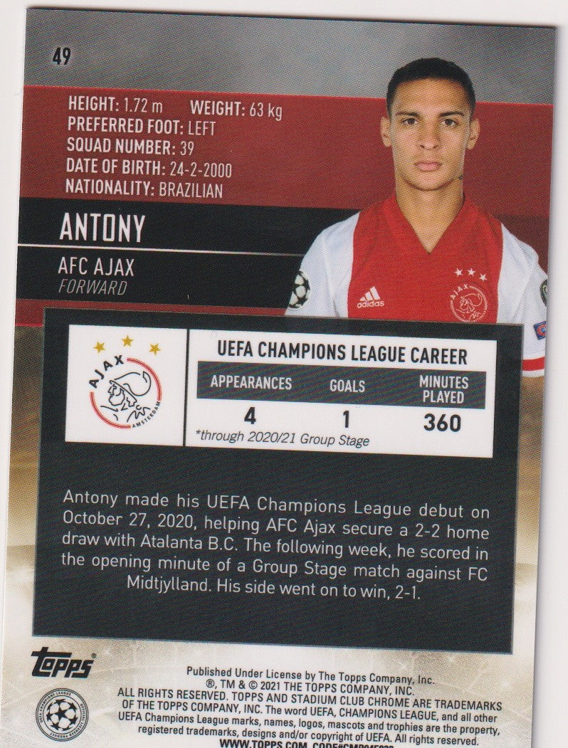 Topps Stadium Club Chrome 2020-21 Antony Rookie AFC Ajax Parallel Rare – Bild 2