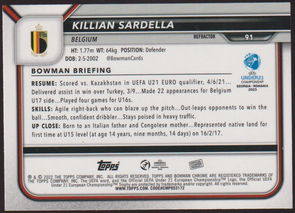 Topps Chrome 2023-24 Killian Sardella Belgium Parallel Refractor – Bild 2