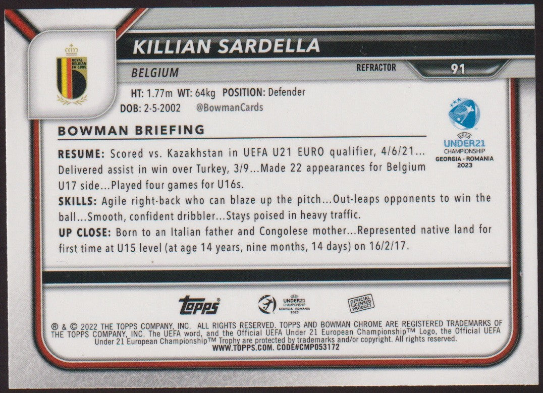 Topps Chrome 2023-24 Killian Sardella Belgium Parallel Refractor – Bild 2