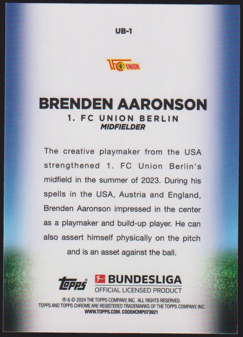 Topps Chrome UB-1 2023-24 Brenden Aaronson 1. FC Union Berlin Parallel Rare – Bild 2