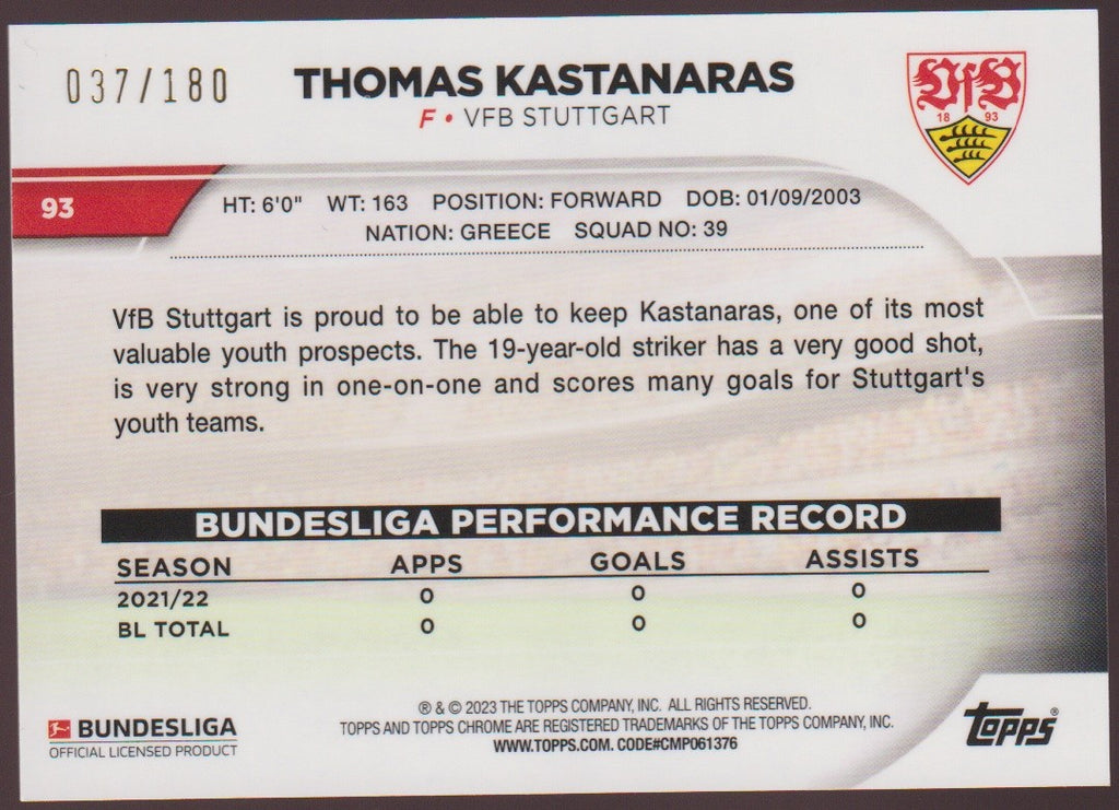 Topps Chrome 2022-23 Thomas Kastanaras VfB Stuttgart Parallel 037/180 Rookie – Bild 2
