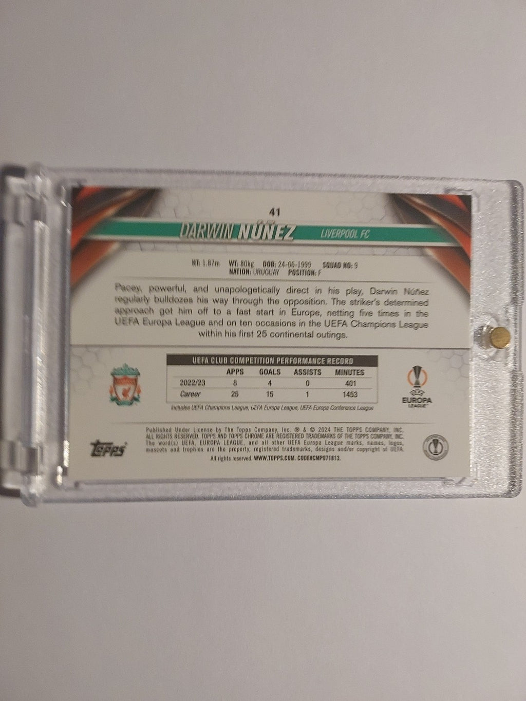 Topps UCC Chrome 23-24 Darwin Nunez Liverpool Numbered 13/225 Refractor Parallel – Bild 2