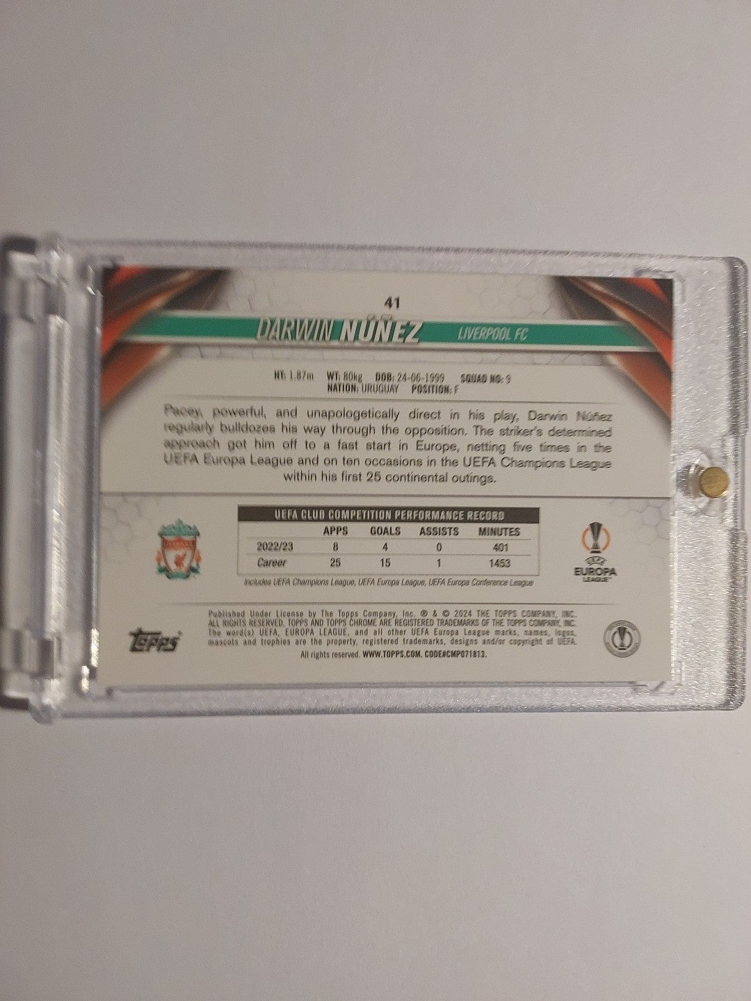Topps UCC Chrome 23-24 Darwin Nunez Liverpool Numbered 13/225 Refractor Parallel – Bild 2