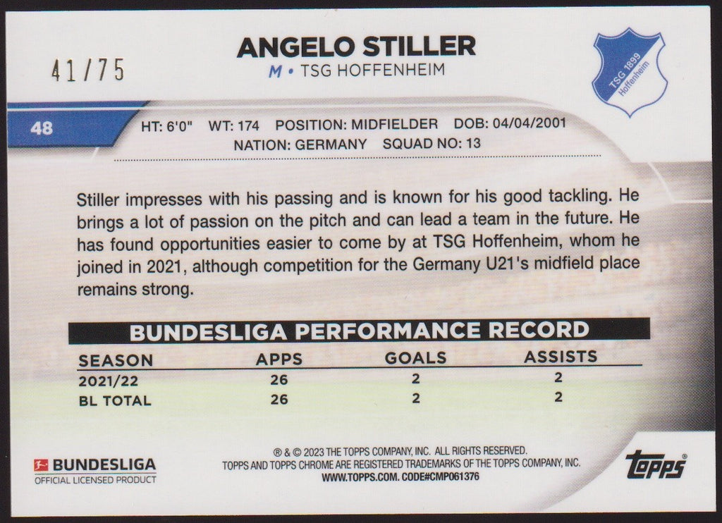 Topps Chrome 2022-23 Angelo Stiller TSG Hoffenheim Bundesliga Parallel 41/75 – Bild 2