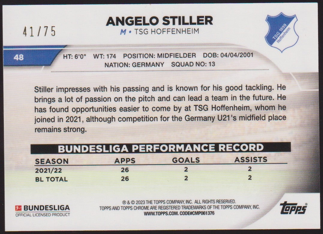 Topps Chrome 2022-23 Angelo Stiller TSG Hoffenheim Bundesliga Parallel 41/75 – Bild 2