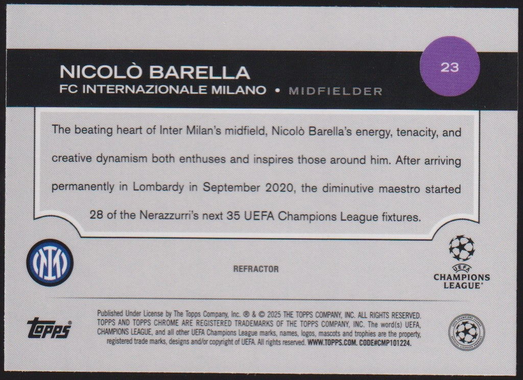 Topps Chrome 2024-25 Nicolò Barella FC Internazionale Milano Parallel Refractor – Bild 2