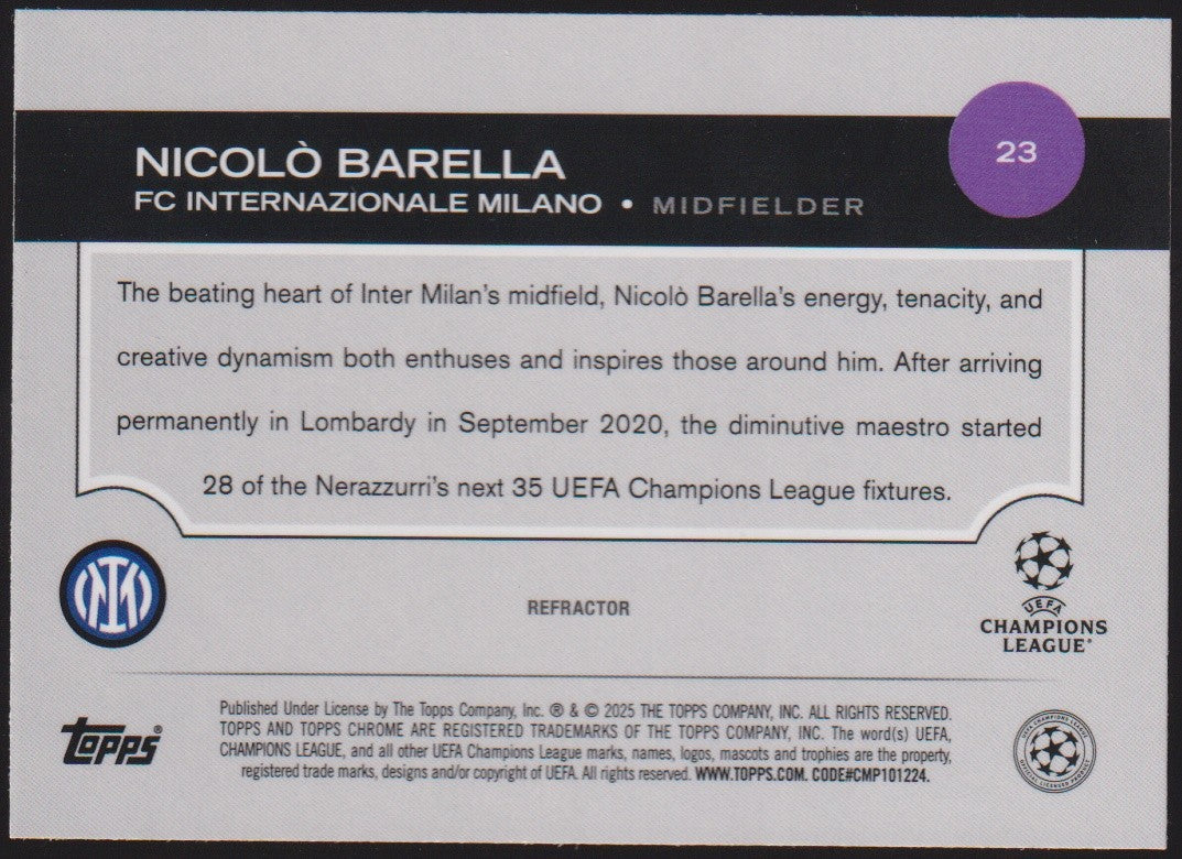 Topps Chrome 2024-25 Nicolò Barella FC Internazionale Milano Parallel Refractor – Bild 2