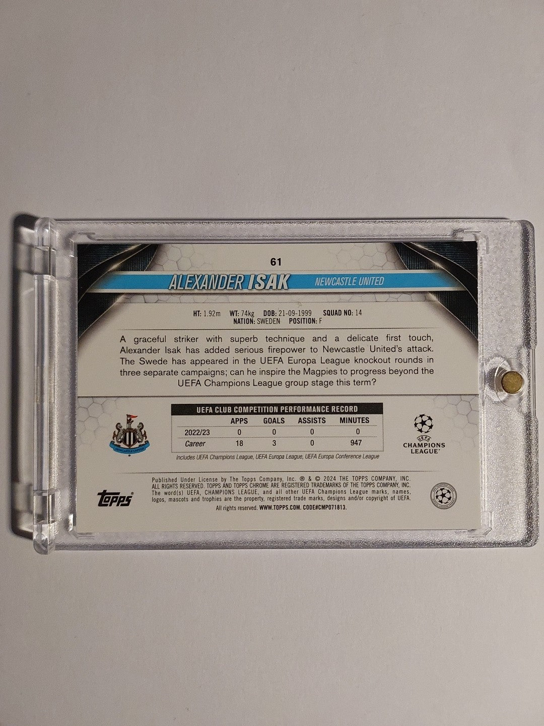 Topps UCC Chrome 2023-24 Alexander Isak Newcastle Parallel Refractor Insert Rare – Bild 2