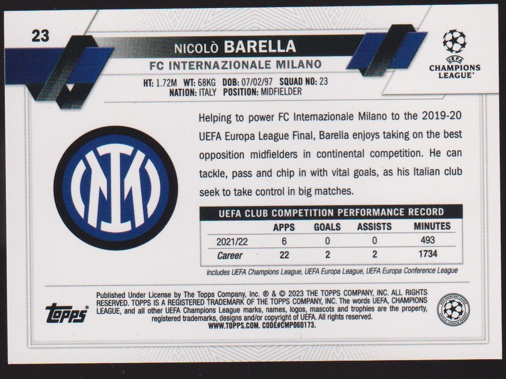 Topps Champions League 2022-23 Nicolò Barella FC Internazionale Milano Parallel – Bild 2