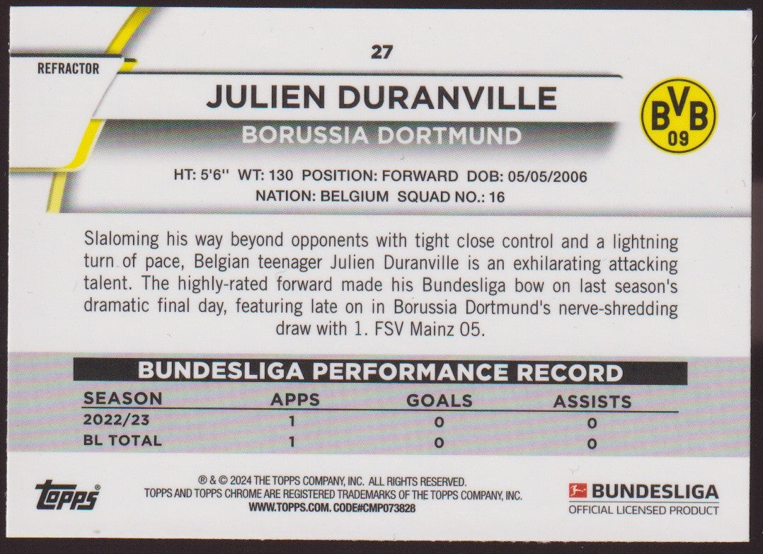 Topps Chrome 2023-24 Julien Duranville Rookie Dortmund Parallel Refractor – Bild 2
