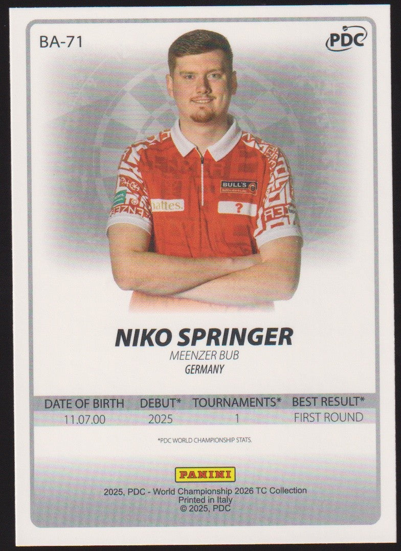 Panini PDC World Championship 2026 Niko Springer Refractor Parallel – Bild 2