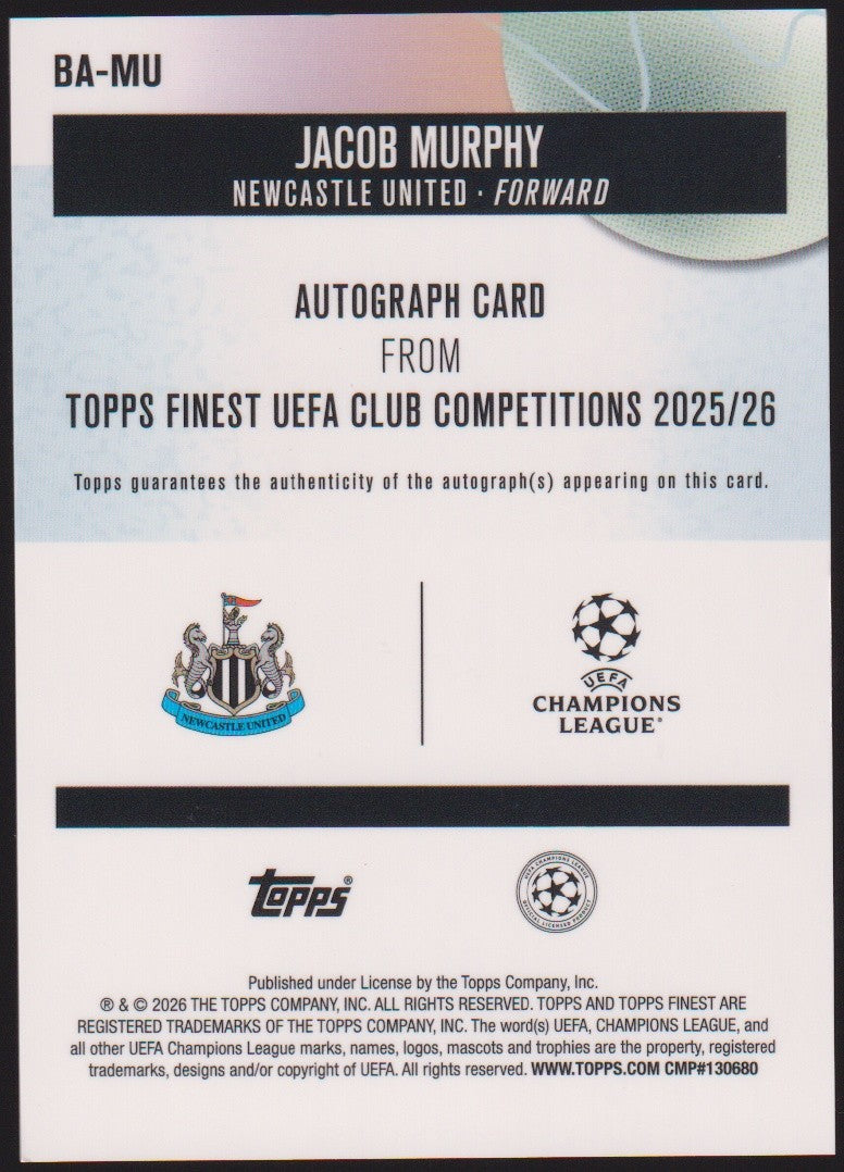 Topps 2025-26 Jacob Murphy Auto Newcastle United Finest Parallel Refractor – Bild 2