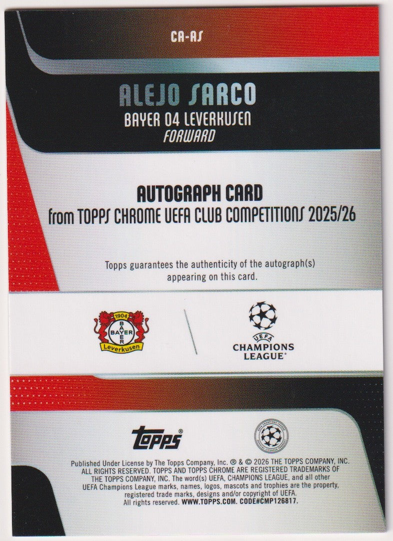 Topps Chrome UEFA 2025-26 Alejo Sarco Auto Rookie Bayer Leverkusen Parallel – Bild 2