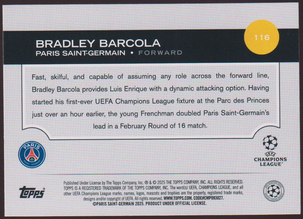 Topps 2024-25 Bradley Barcola Rookie Paris Saint-Germain UEFA Champions League – Bild 2