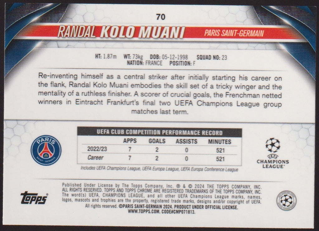 Topps Chrome 2023-24 Randal Kolo Muani Rookie Paris Saint-Germain Parallel Rare – Bild 2