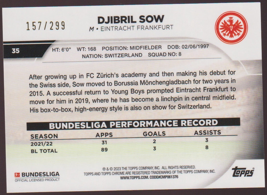 Topps Chrome 2021-22 DJIBRIL SOW Eintracht Frankfurt Bundesliga Parallel 157/299 – Bild 2