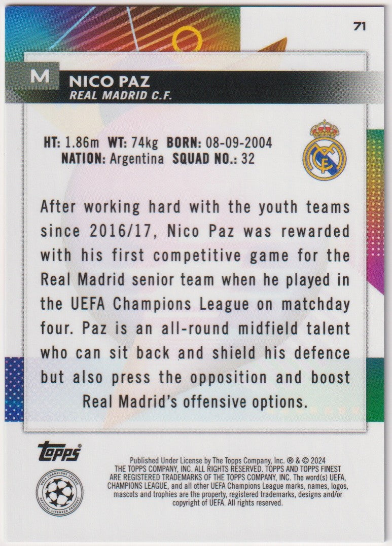 Topps Finest 2023-24 Nico Paz Rookie Real Madrid C.F. Parallel 101/250 Rare – Bild 2