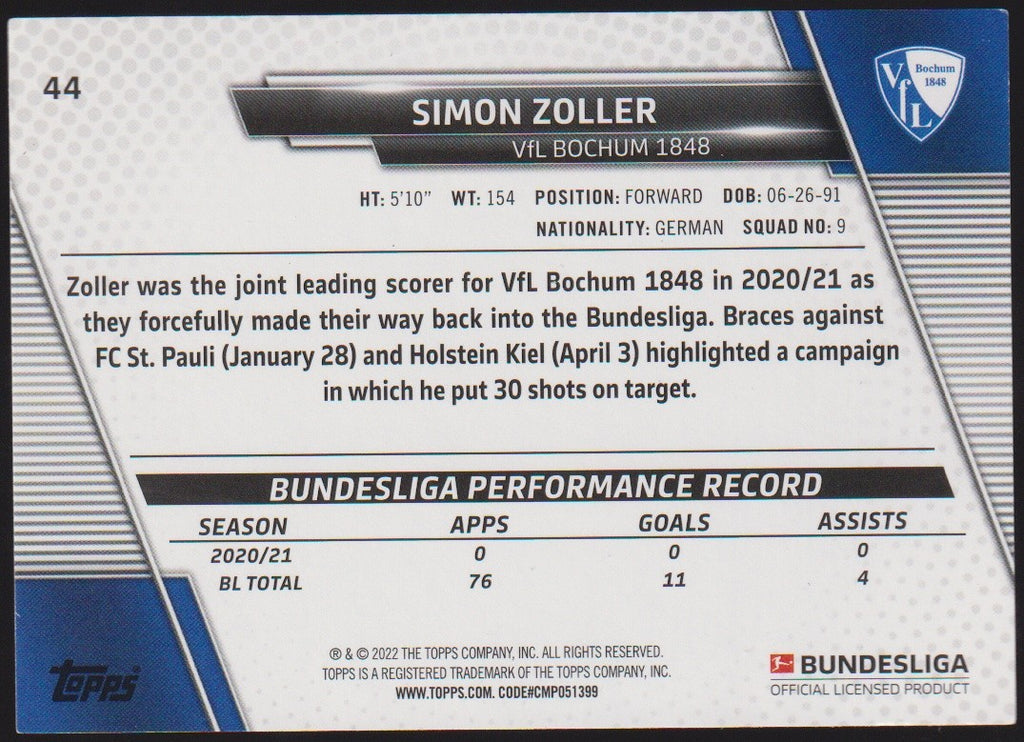 Topps 2023-24 Simon Zoller VfL Bochum 1848 Parallel Rare – Bild 2