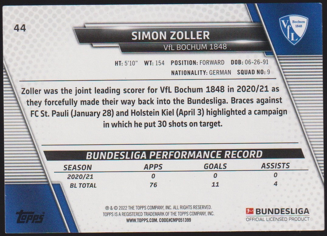 Topps 2023-24 Simon Zoller VfL Bochum 1848 Parallel Rare – Bild 2