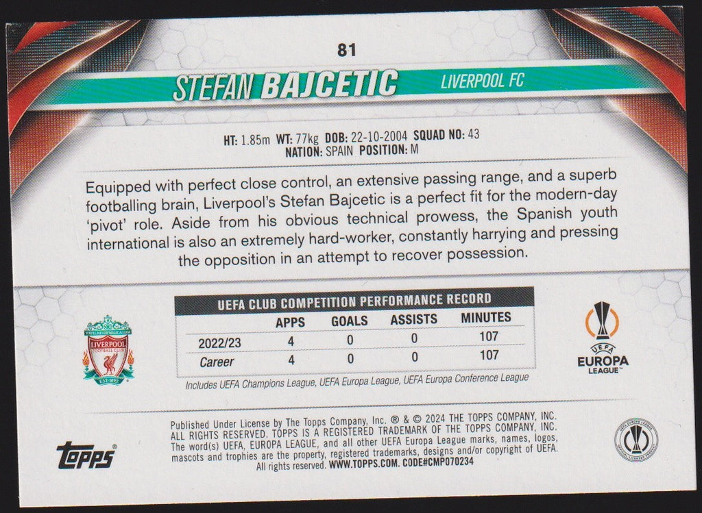 Topps 2023-24 Stefan Bajcetic Rookie Liverpool FC Parallel Rare – Bild 2