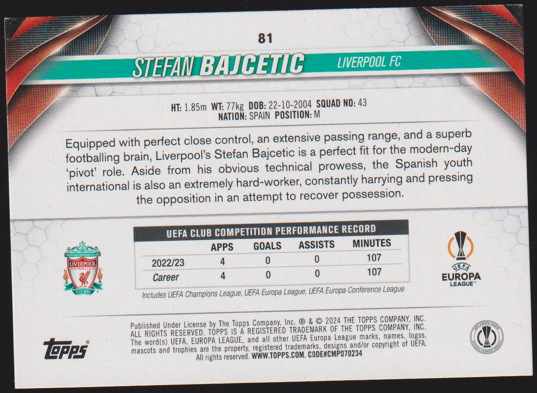 Topps 2023-24 Stefan Bajcetic Rookie Liverpool FC Parallel Rare – Bild 2