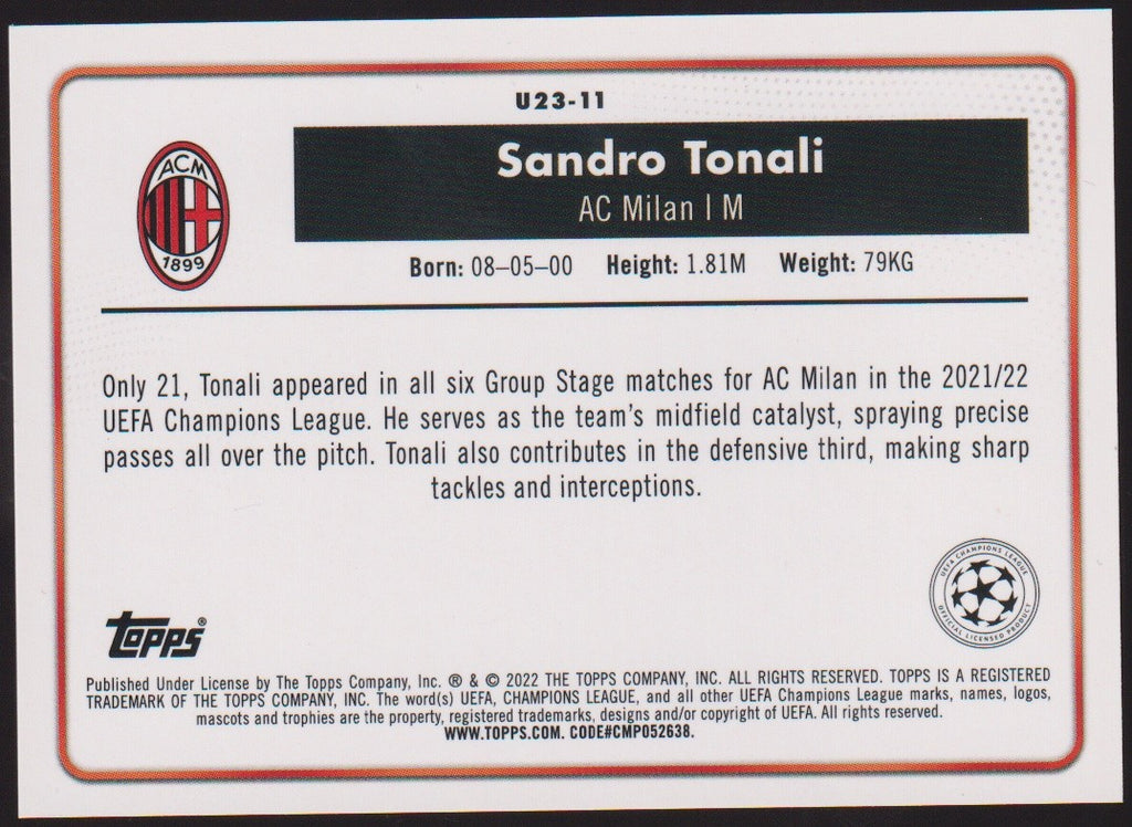 Topps U23 Stars 2021-22 Sandro Tonali AC Milan Parallel Refractor Nr. U23-11 – Bild 2