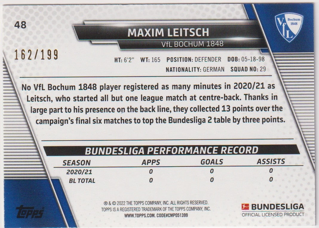 Topps 2020-21 Maxim Leitsch Rookie VfL Bochum 1848 Bundesliga Parallel 162/199 – Bild 2