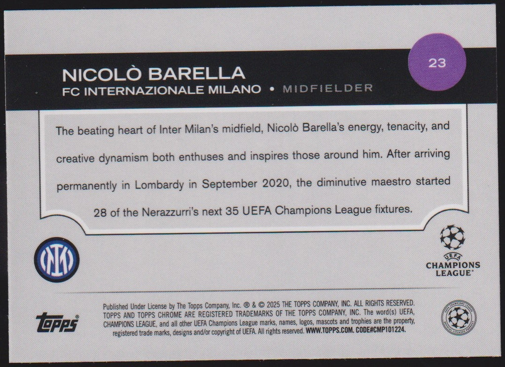 Topps Chrome 2024-25 Nicolò Barella FC Internazionale Milano Parallel Rare – Bild 2