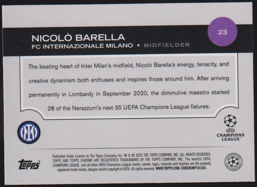 Topps Chrome 2024-25 Nicolò Barella FC Internazionale Milano Parallel Rare – Bild 2
