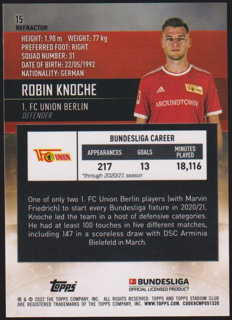 Topps Stadium Club Chrome 2021-22 Robin Knoche 1. FC Union Berlin Parallel – Bild 2