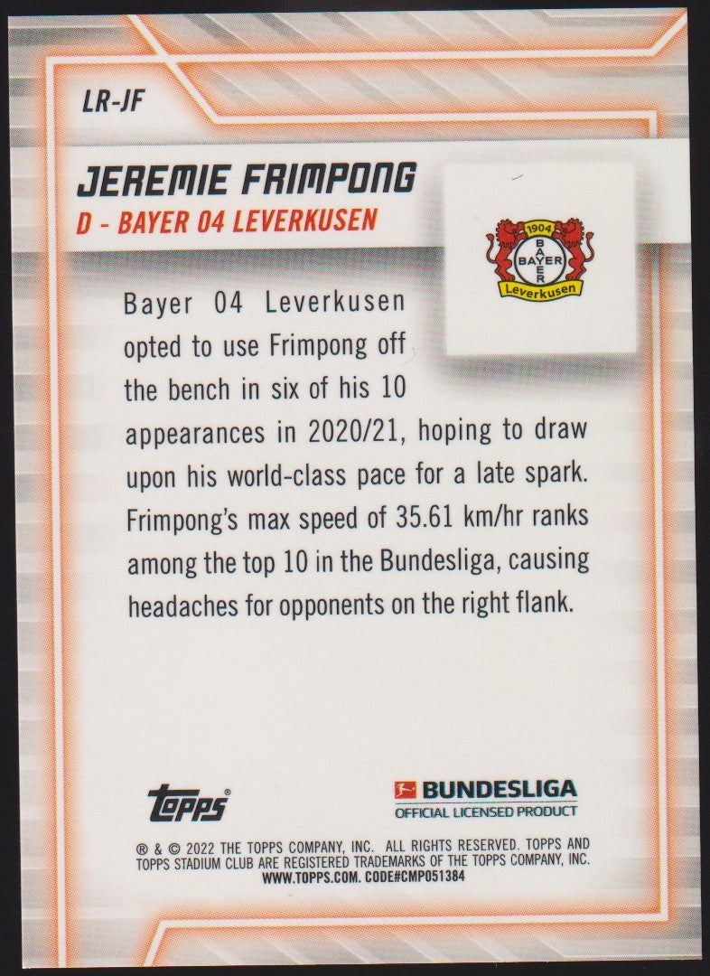 Topps Stadium Chrome 2021-22 Jeremie Frimpong Rookie Bayer Leverkusen Parallel – Bild 2