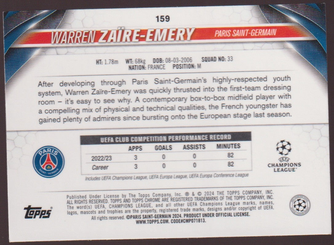 Topps Chrome 2023-24 Warren Zaire-Emery Rookie Paris Saint-Germain Parallel Rare – Bild 2