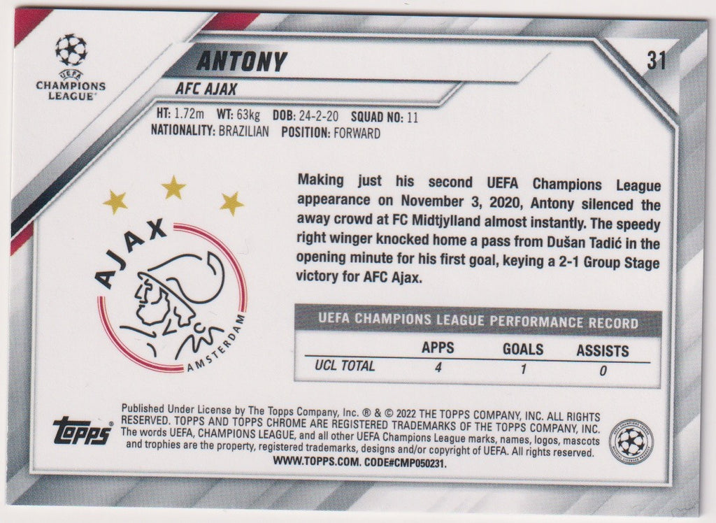 Topps Chrome 2021-22 Antony Rookie AFC Ajax Parallel Rare – Bild 2