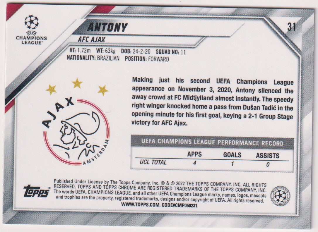 Topps Chrome 2021-22 Antony Rookie AFC Ajax Parallel Rare – Bild 2