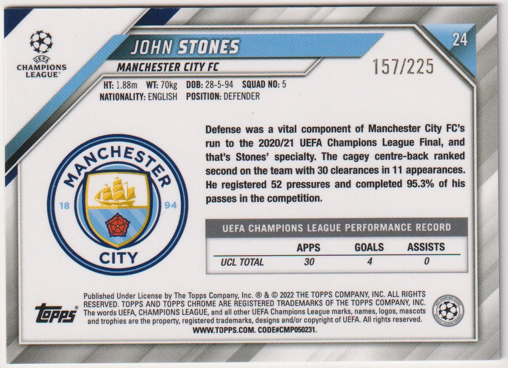 Topps Chrome 2020-21 John Stones Manchester City FC Parallel 157/225 Rare – Bild 2