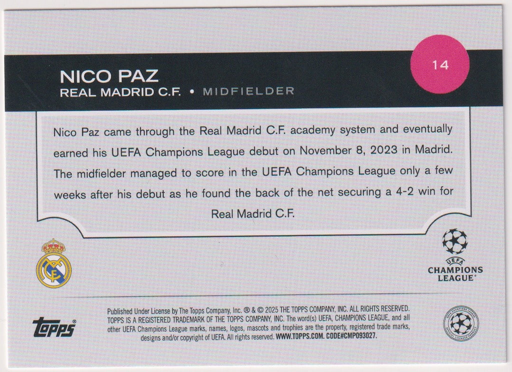 Topps Future Stars 2025-26 Nico Paz Rookie Real Madrid C.F. UEFA Champions – Bild 2