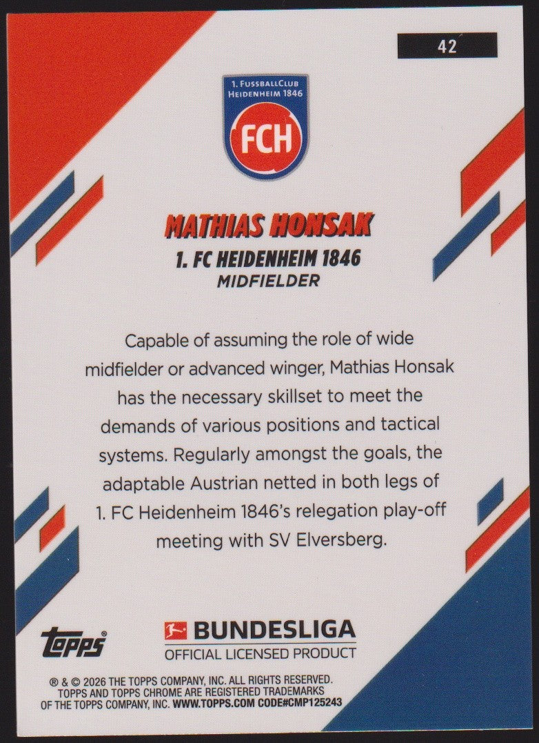 Topps Chrome 2025-26 Mathias Honsak FC Heidenheim 1846 Parallel 7/25 Refractor – Bild 2