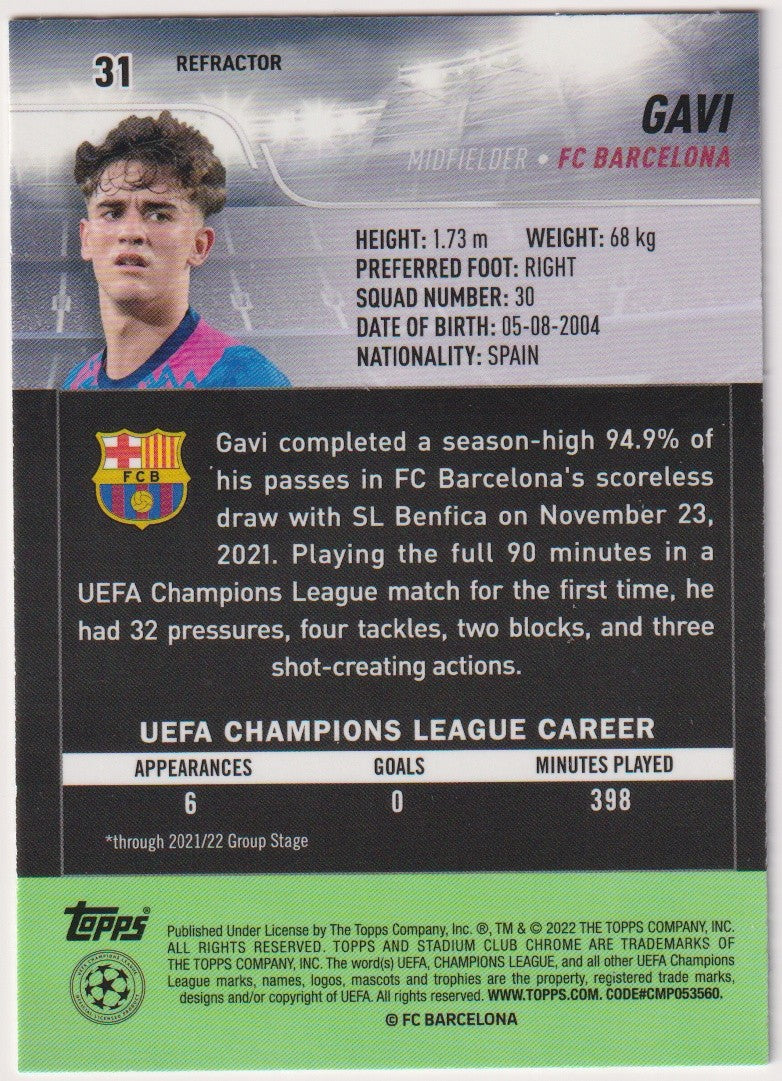 Topps Stadium Club Chrome 2021-22 Gavi Rookie FC Barcelona Parallel Refractor – Bild 2