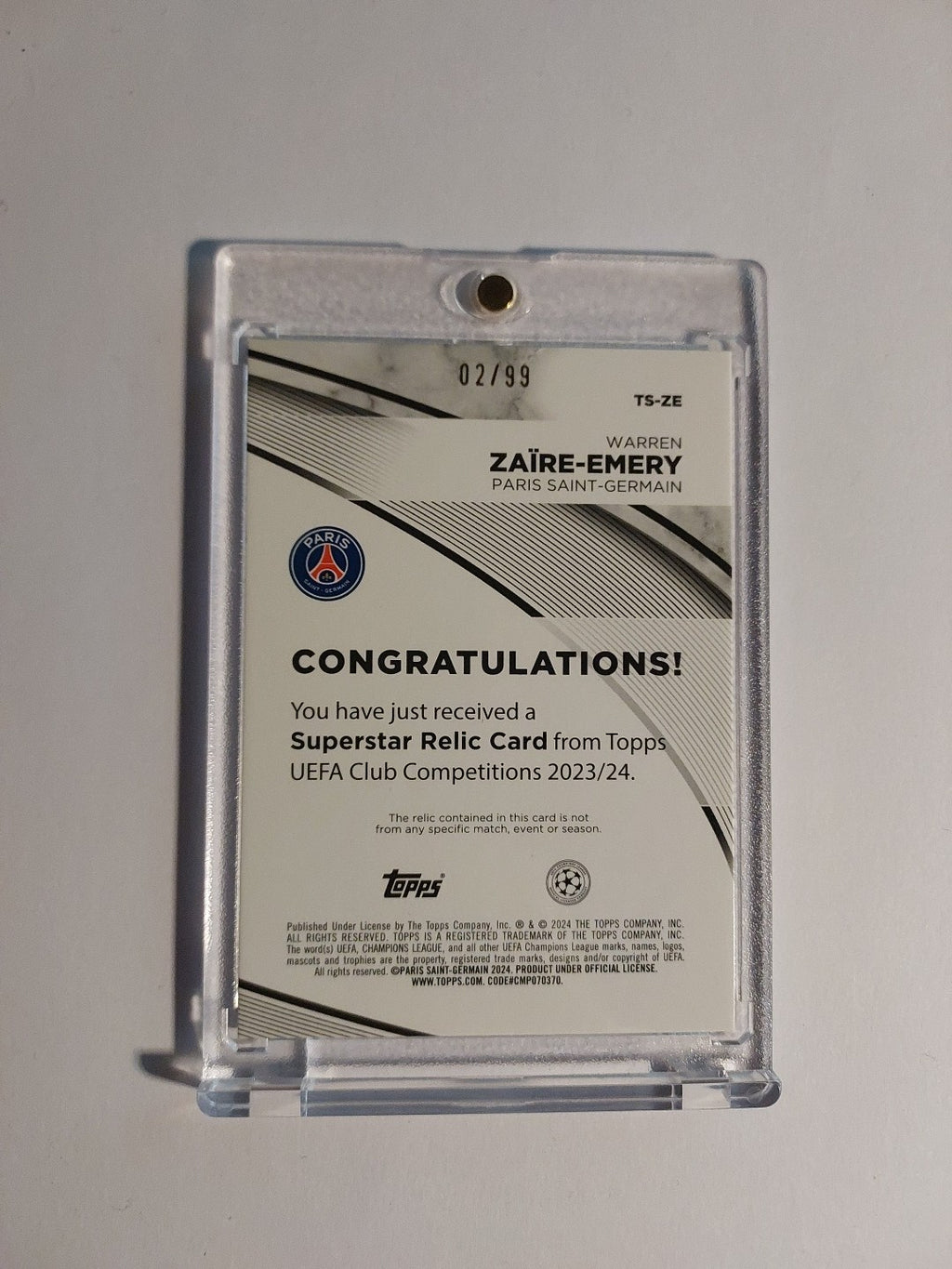 Topps UCC 2023-24 Zaire-Emery PSG Parallel 2/99 Patch Relic Refractor Ultra Rare – Bild 2