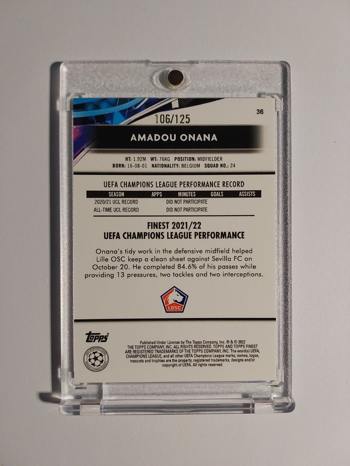 Topps Finest 2021-22 Amadou Onana Rookie LOSC Lille Parallel 106/125 Refractor – Bild 2