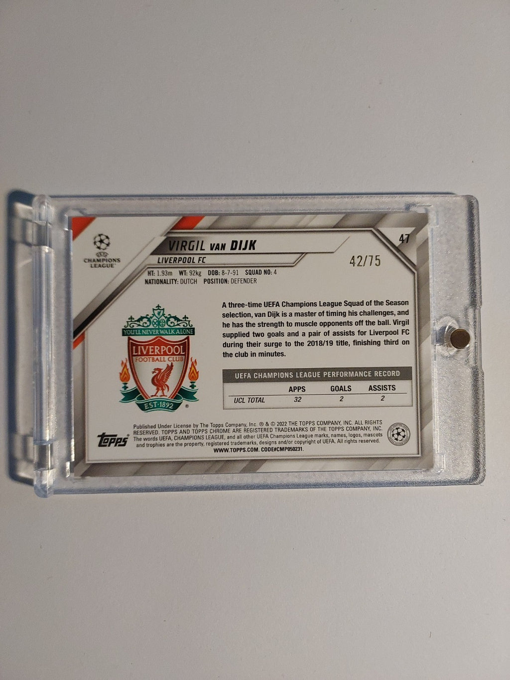 Topps Chrome 2021-22 Virgil Van Dijk Liverpool Parallel 42/75 Blue Refractor Hit – Bild 2