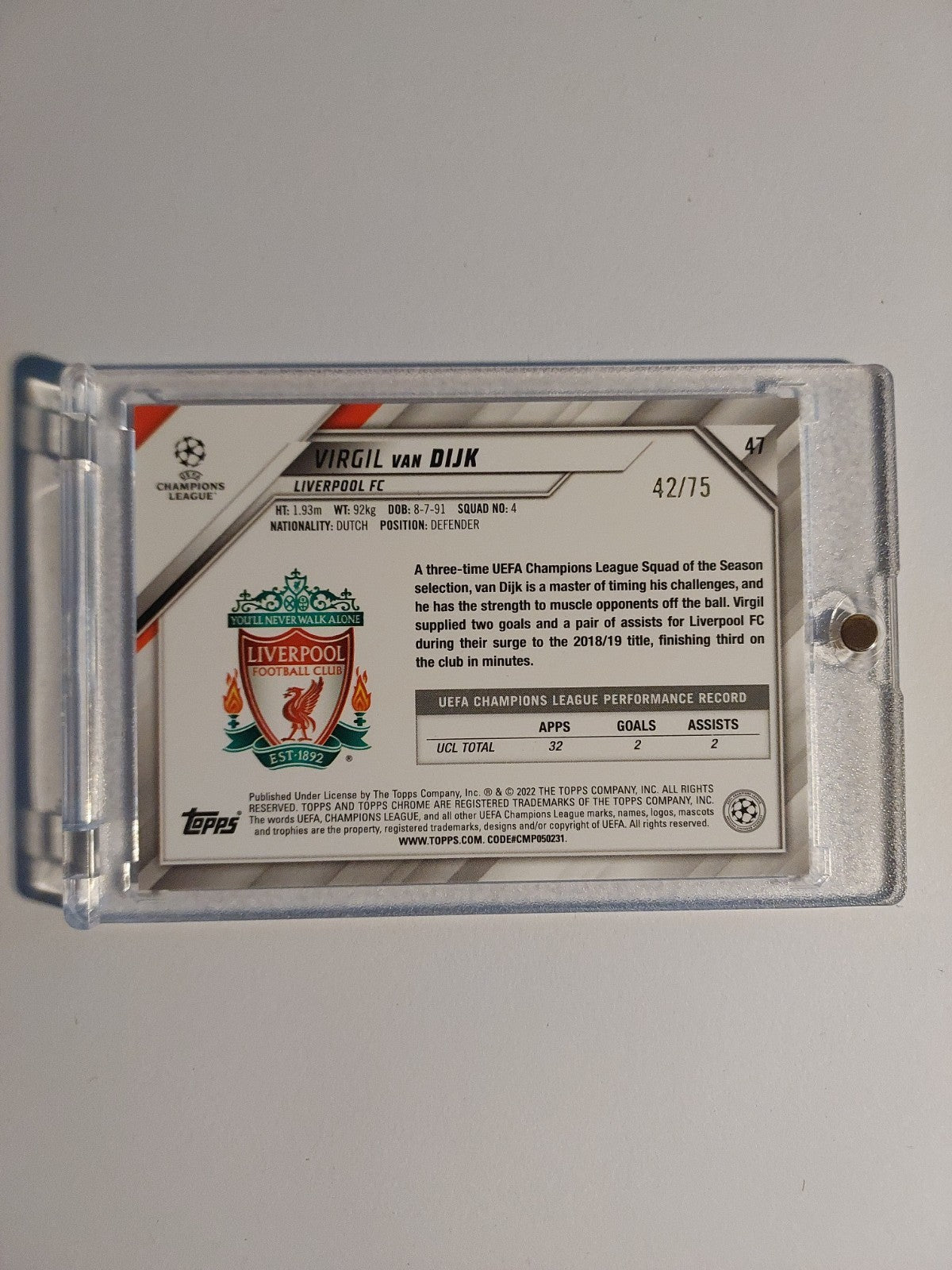Topps Chrome 2021-22 Virgil Van Dijk Liverpool Parallel 42/75 Blue Refractor Hit – Bild 2