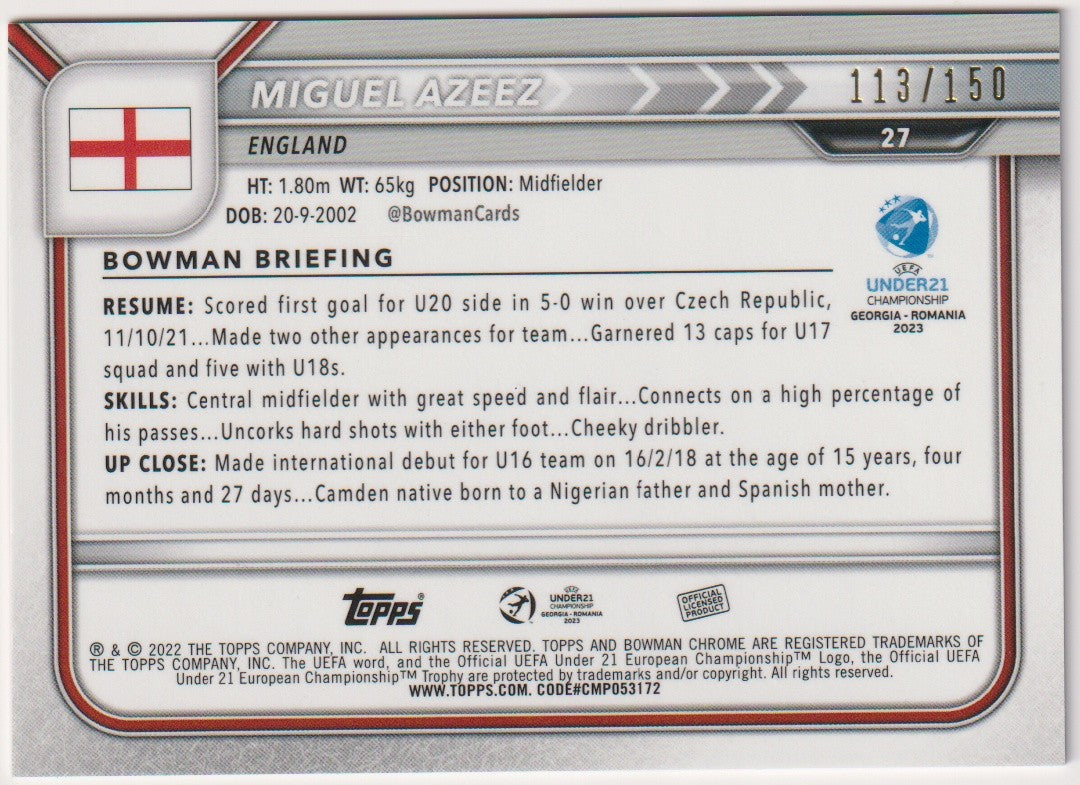 Topps Bowman Chrome 2023-24 Miguel Azeez Rookie England Parallel 113/150 Rare – Bild 2