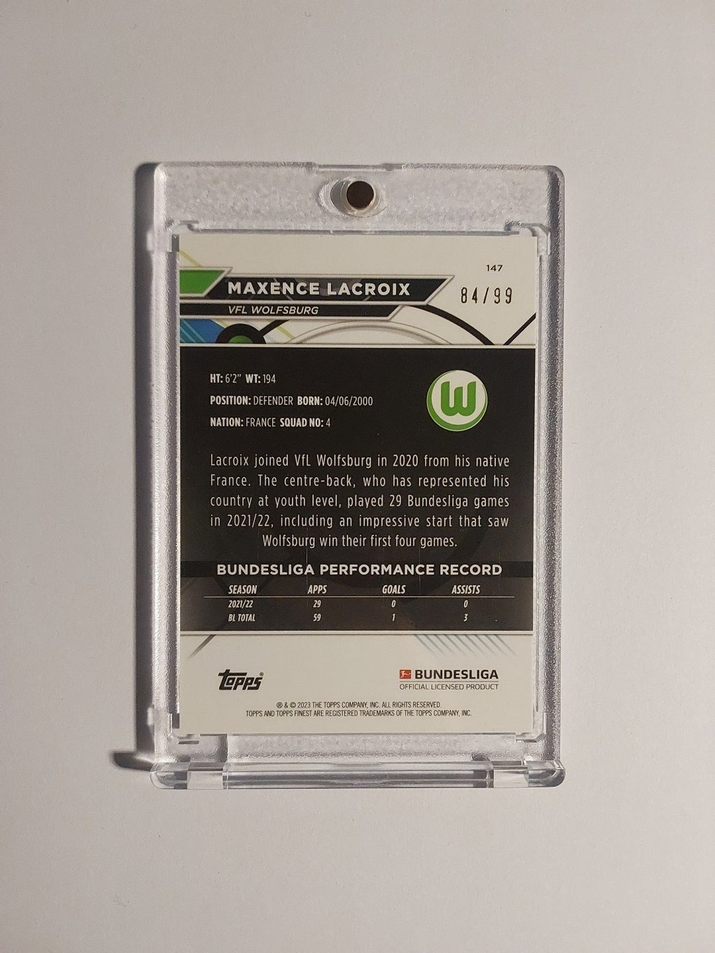 Topps Finest Bundesliga 2022-23 Maxence Lacroix VfL Wolfsburg Parallel 84/99 Hit – Bild 2