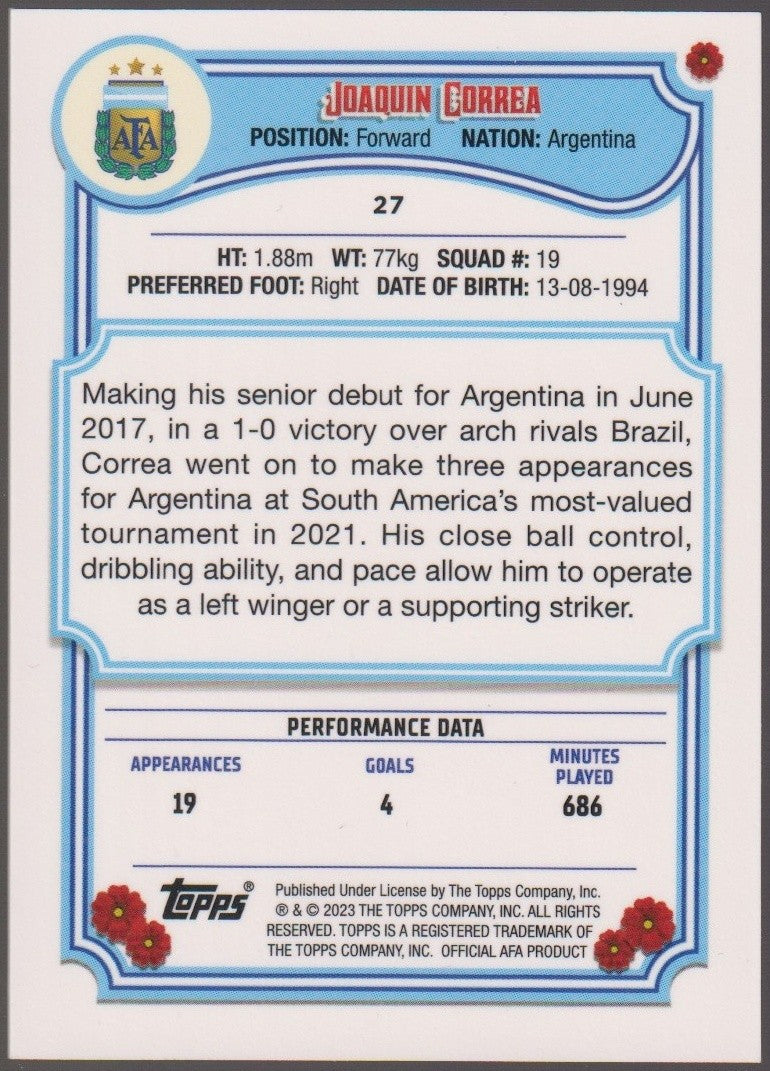 Topps 2023-24 Joaquin Correa Argentina Parallel Rare #27 – Bild 2