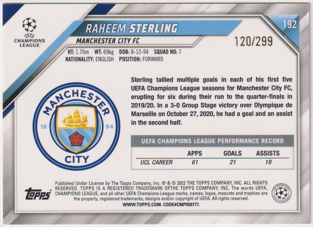 Topps 2022-23 Raheem Sterling Rookie Manchester City FC Champions League – Bild 2