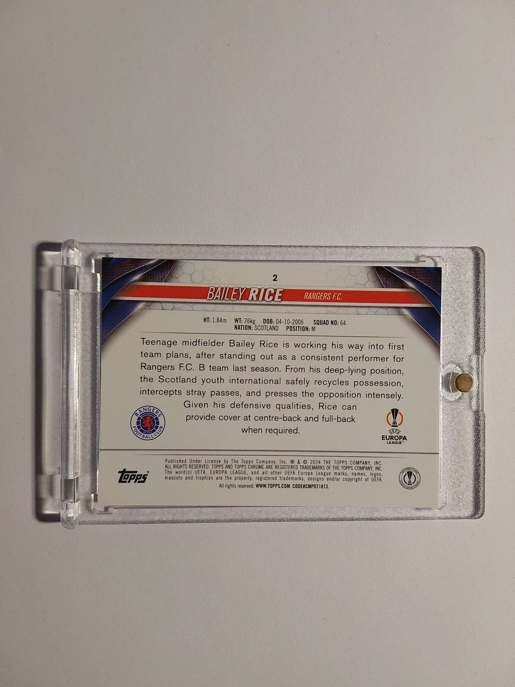 Topps UCC Chrome 2023-24 Bailey Rice FC Rangers Parallel 5/25 Refractor Rookie – Bild 2